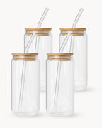 Bicchieri con coperchio in bambù e cannuccia in vetro, set da 4, 500 ml