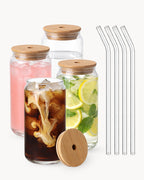 Bicchieri con coperchio in bambù e cannuccia in vetro, set da 4, 500 ml