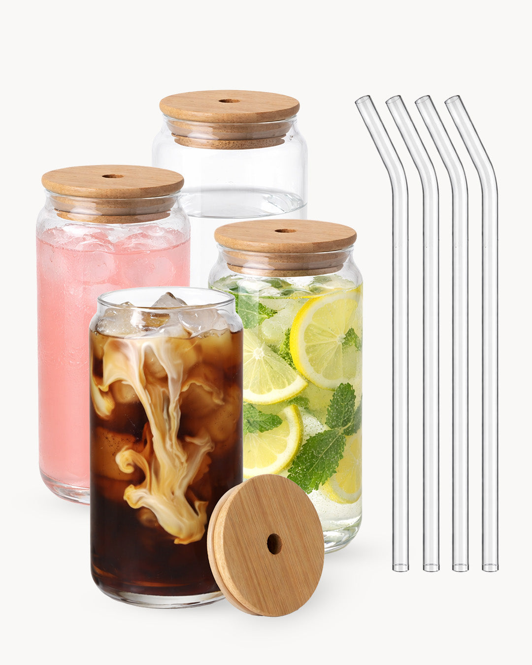 Bicchieri con coperchio in bambù e cannuccia in vetro, set da 4, 500 ml