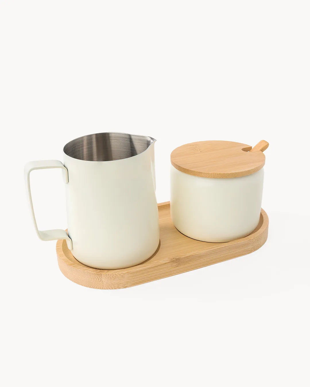 Set latte e zucchero in acciaio inossidabile con vassoio in bambù
