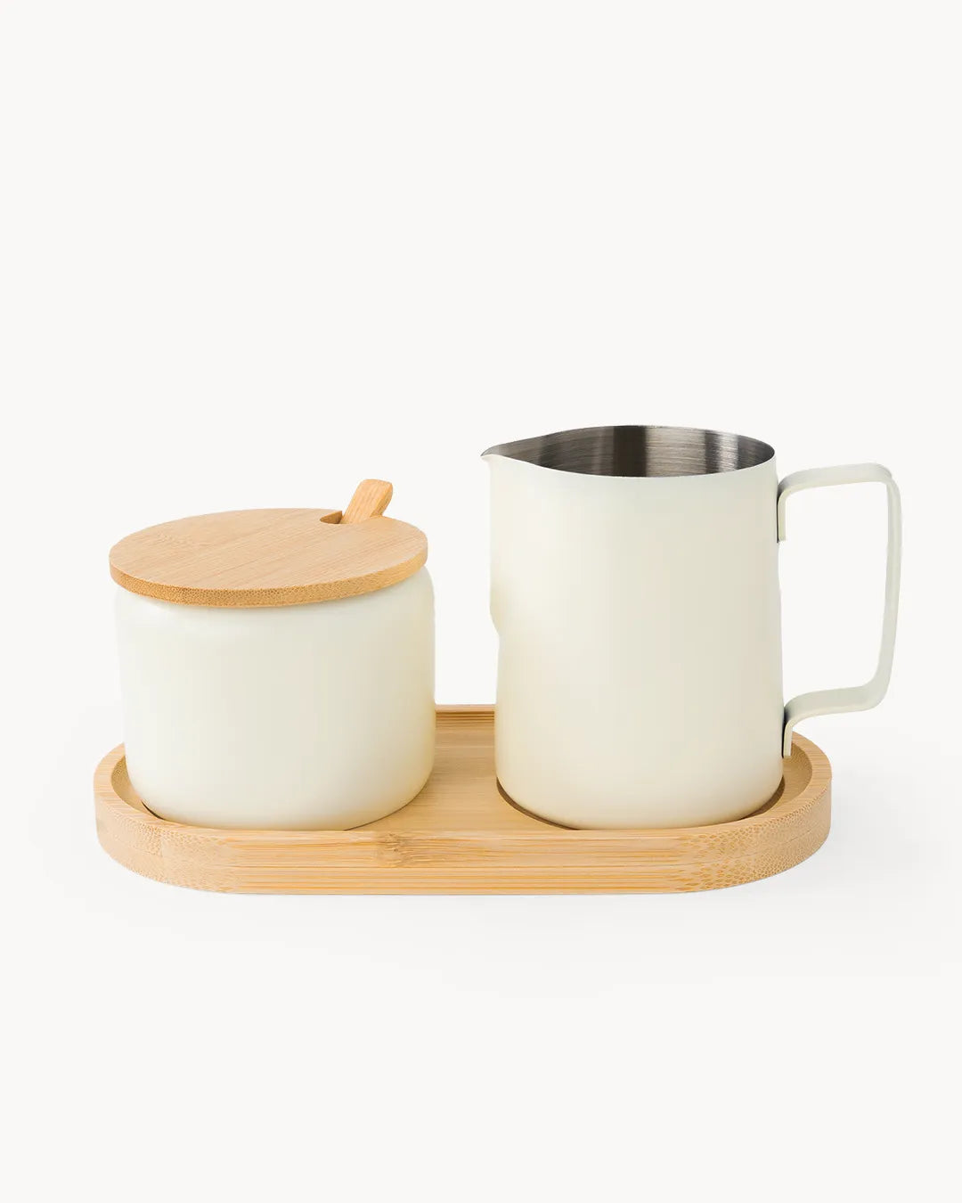 Set latte e zucchero in acciaio inossidabile con vassoio in bambù