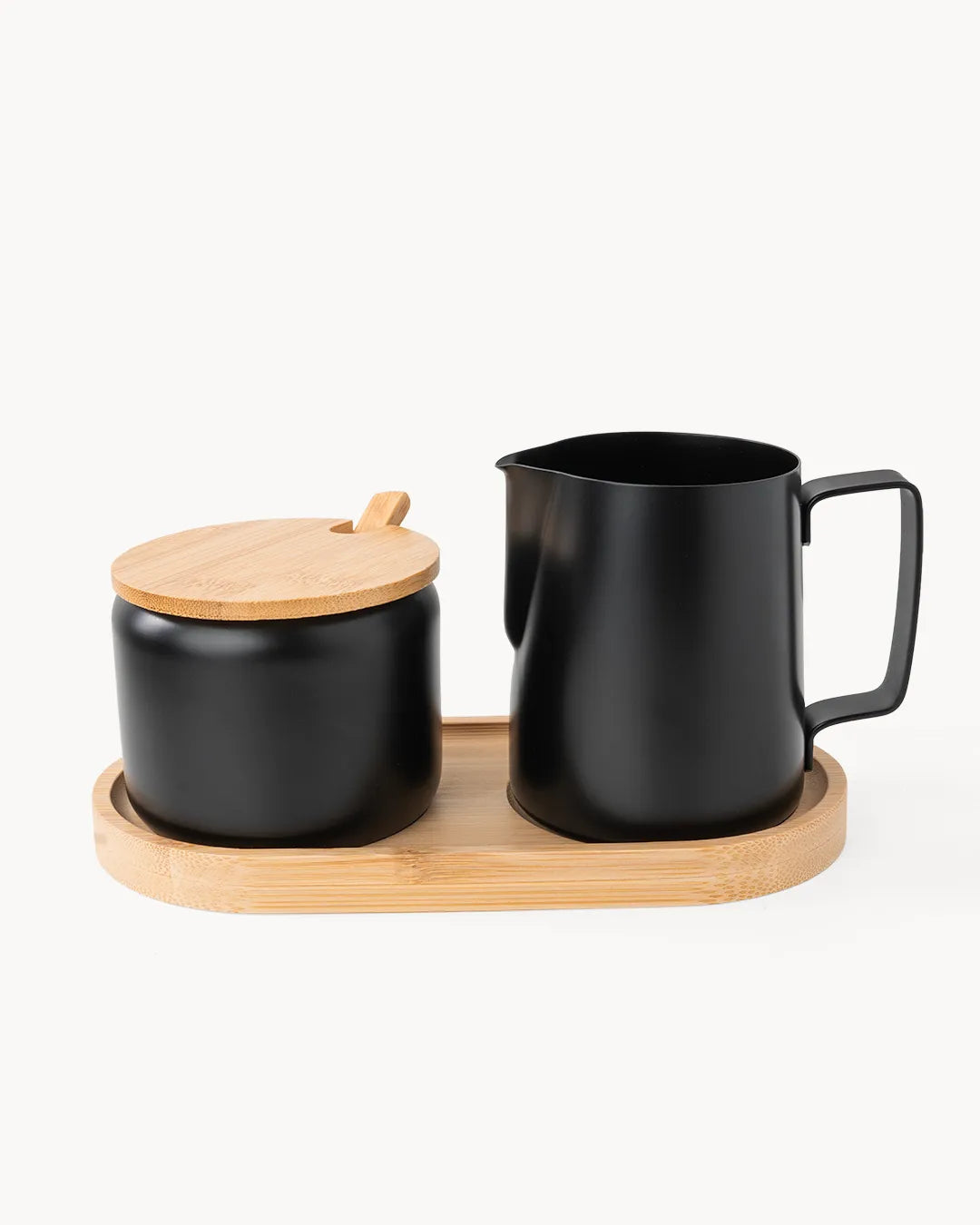 Set latte e zucchero in acciaio inossidabile con vassoio in bambù