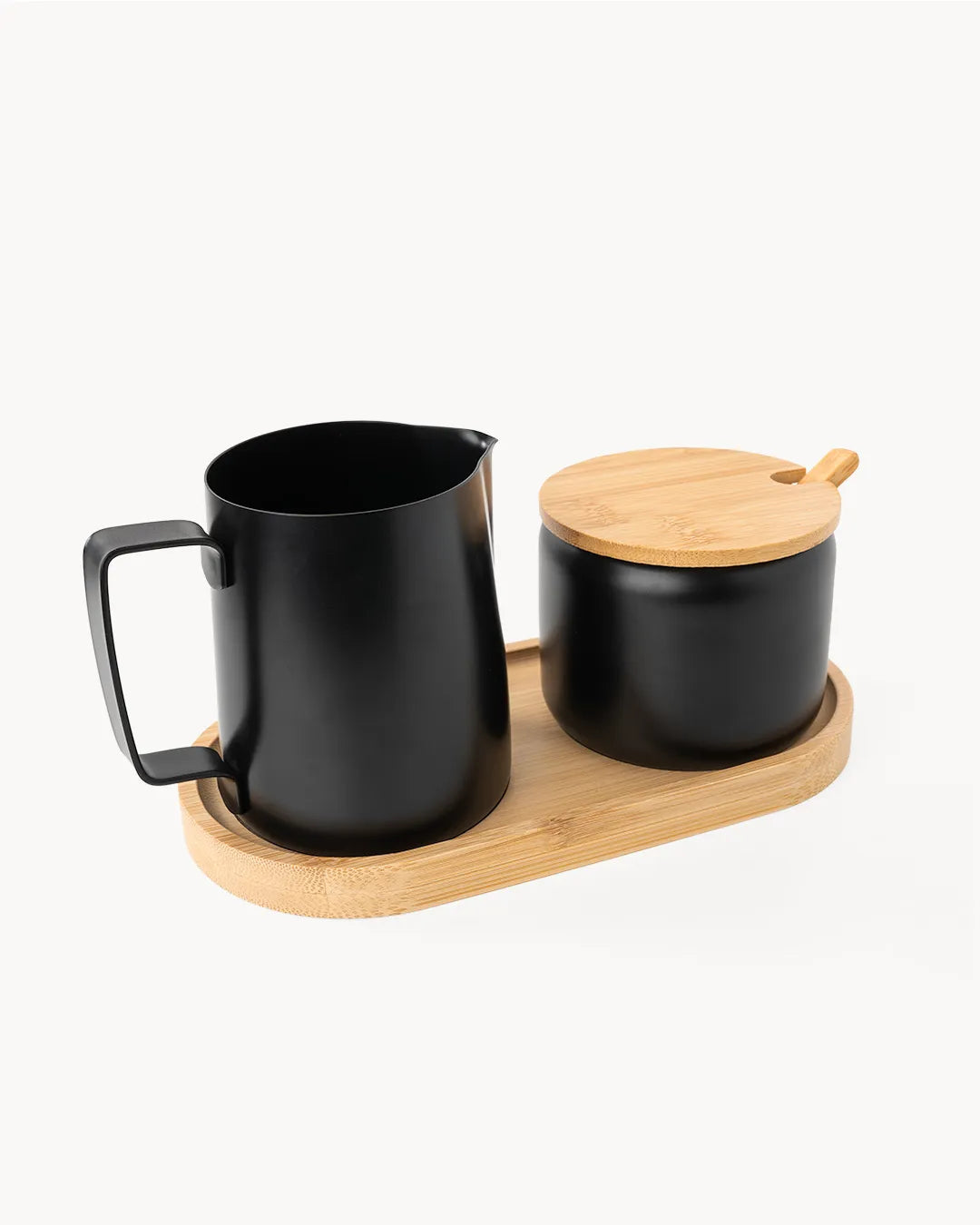 Set latte e zucchero in acciaio inossidabile con vassoio in bambù