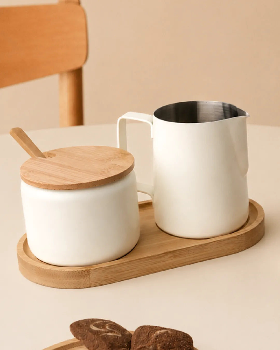 Set latte e zucchero in acciaio inossidabile con vassoio in bambù