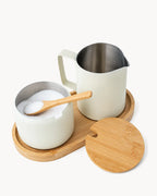 Set latte e zucchero in acciaio inossidabile con vassoio in bambù