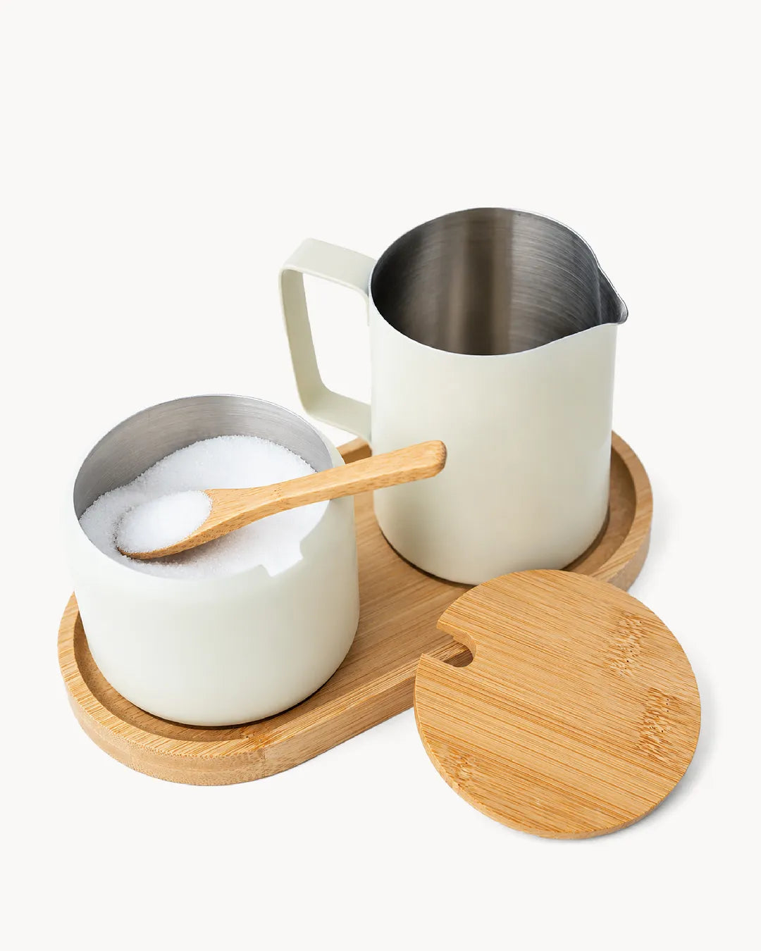 Set latte e zucchero in acciaio inossidabile con vassoio in bambù