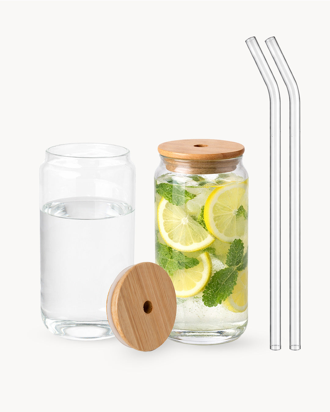 Bicchieri con coperchio in bambù e cannuccia in vetro, set da 2, 500 ml
